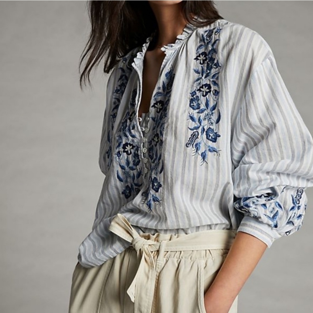 Anthropologie Pilcro The Tavi Blouse Blue Motif Sz S EUC